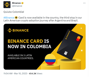 Nueva tarjeta de binance para Colombia.