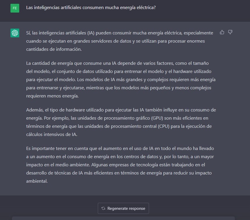 respuesta de ChatGPT-3 sobre el consumo de energía de las inteligencias artificiales