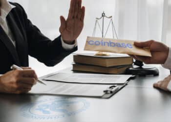 persona rechazando documentos con logo de Coinbase sobre escritorio legal con logo de la SEC estampando