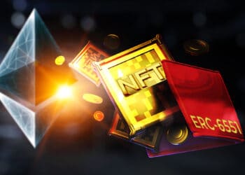 monedas y cuadros de NFT convirtiendose en billetera digital con etiqueta de ERC-6551 con logo de ethereum en el fondo