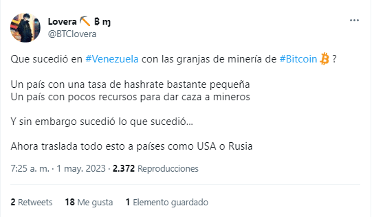 Twitt sobre las granjas de minería de bitcoin en Venezuela.