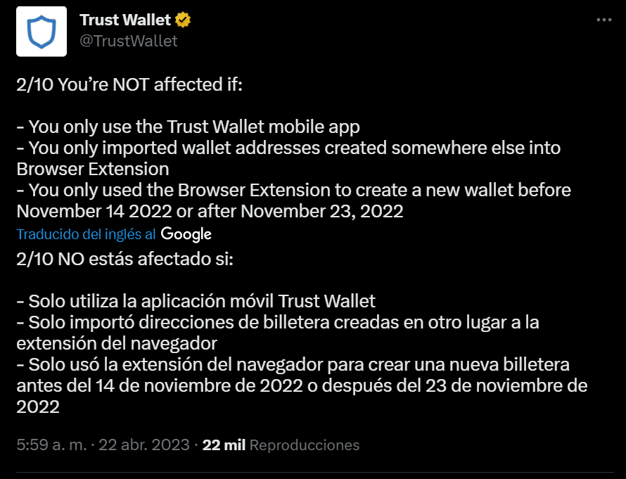 Trust Wallet informó qué usuarios no se ven afectados por la vulnerabilidad encontrada en su código.