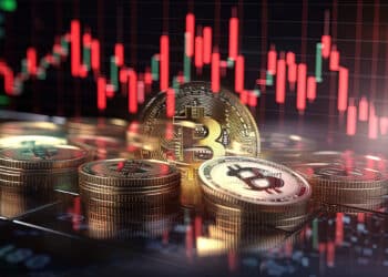 monedas de bitcoin con grafico de precio en el fondo