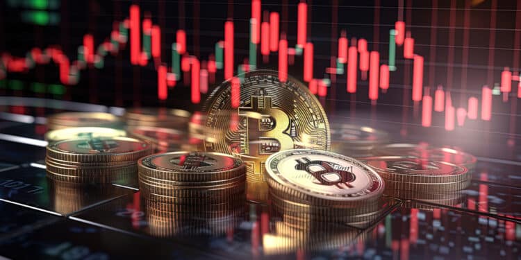 monedas de bitcoin con grafico de precio en el fondo