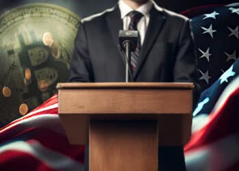 moneda de bitcoin detrás de bandera de Estados Unidos con candidato presidencial en podio