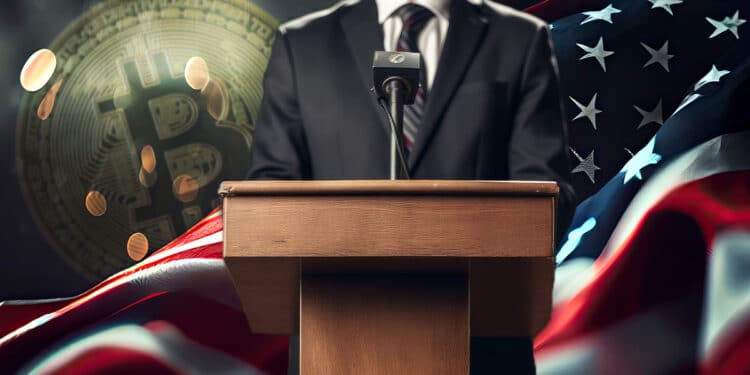 moneda de bitcoin detrás de bandera de Estados Unidos con candidato presidencial en podio