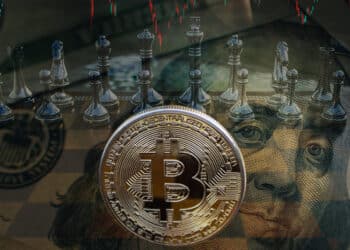 Bitcoin en tablero de ajedrez junto a un dolar y un gráfico en rojo.