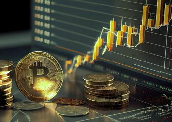 moneda de bitcoin con gráfico de precio ascendente