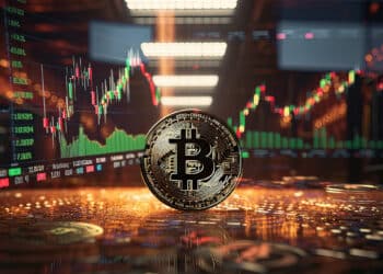 moneda de bitcoin con graficos de mercado en el fondo