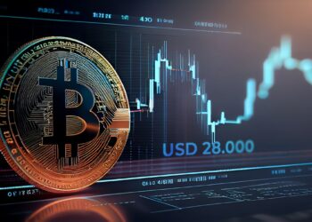 moneda de bitcoin entre pantallas congráficos de precio señalando usd 28.000