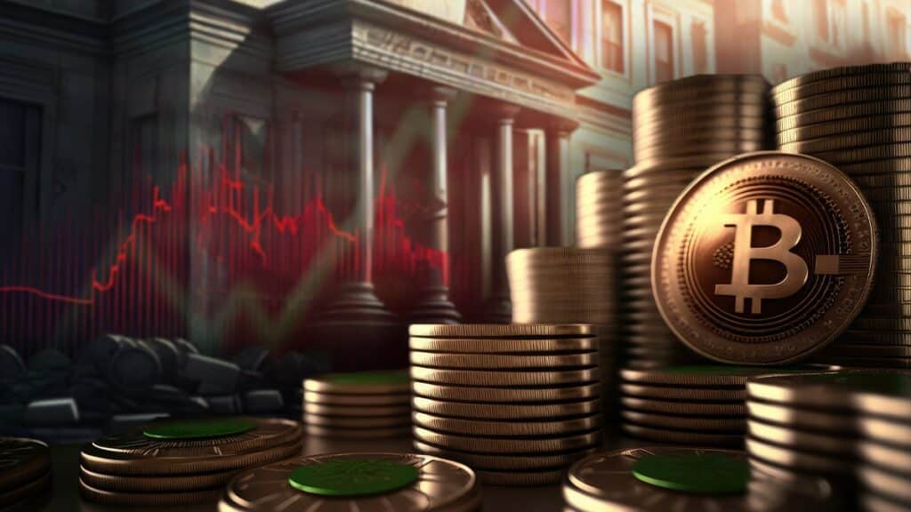 moneda de bitcoin entre monedas apiladas con banco en crisis en el fondo