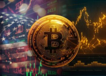 moneda de bitcoin entre graficos de mercados de estados unidos y grafico de precio digital