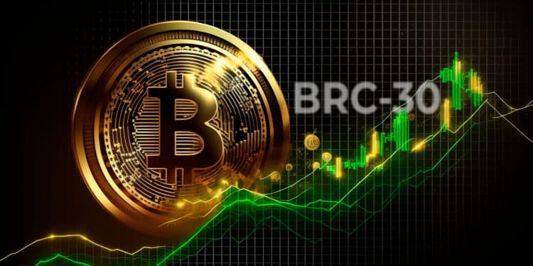 Bitcoin junto a gráfico verde y "BRC-30".