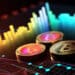 monedas de bitcoin sobre pantalla con graficos de precio en incremento