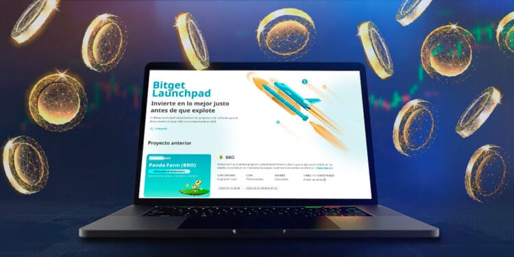Bitget Launchpad en pantalla de laptop y tokens