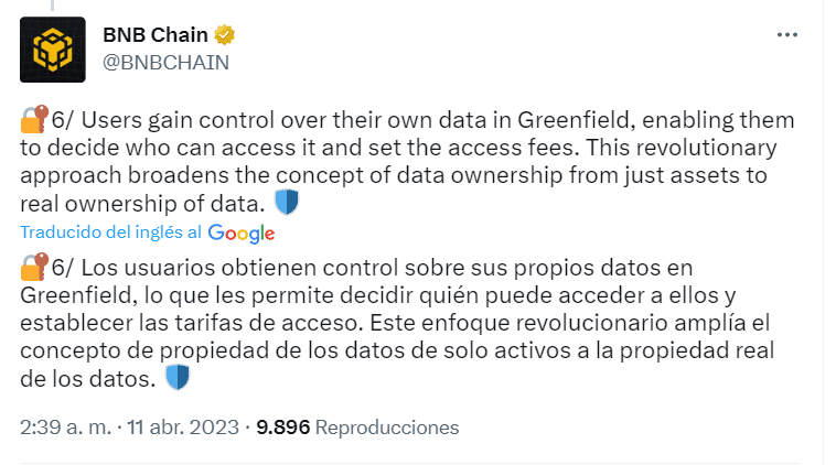 Tuit de BNB Chain sobre Greenfield.