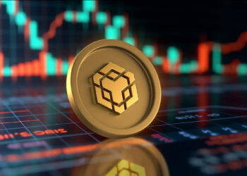 moneda de BNB sobre superficie de vidrio con datos de mercado y grafico de precio en el fondo