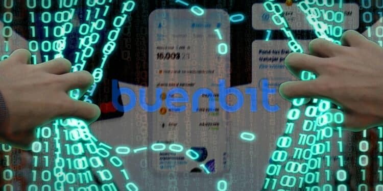 manos rompiendo codigo binario co plataforma y logo de Buenbit en el fondo
