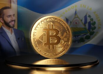 moneda de bitcoin sobre podio con Nayib Bukele y bandera de El Salvador en el fondo