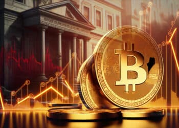 moneda de bitcoin con banco en crisis en el fondo