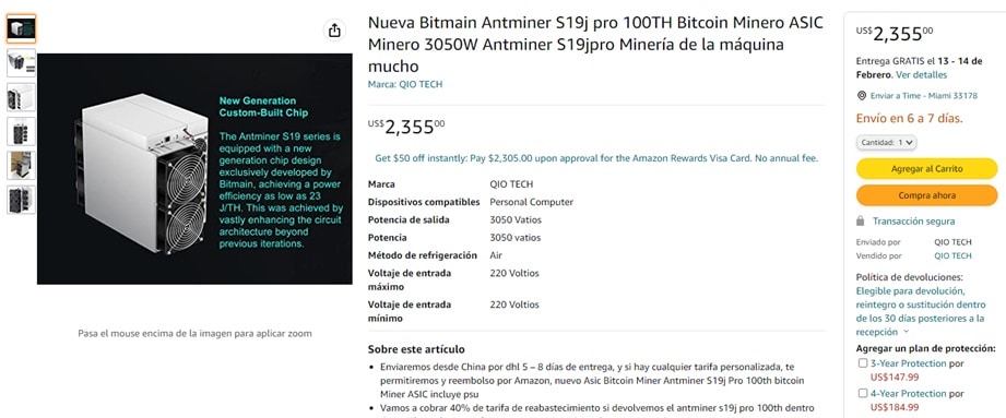 publicación de venta de minero ASIC de Bitmain, Antminer S19j por en amazon