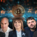 candidatos para la presidencia de Argentina: Massa, Rodriguez Larraeta, Bullrich, Milei y Grabois, con monea de bitcoin detrás