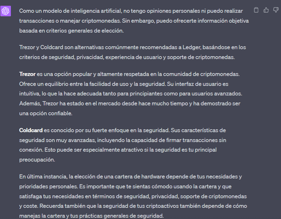 Chat GPT habla sobre las hardware wallets.