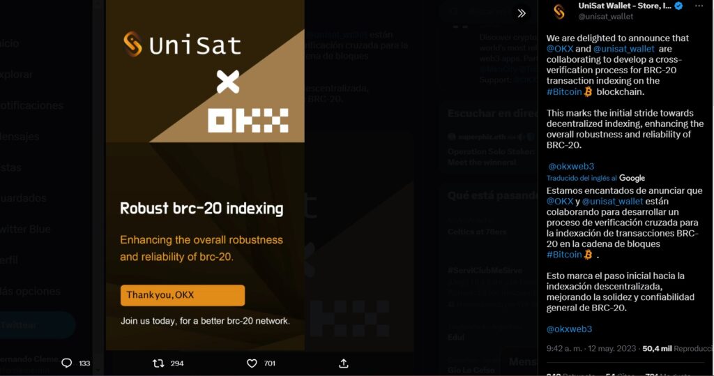 anuncio de colaboracion entre Unisat Wallet y OKX