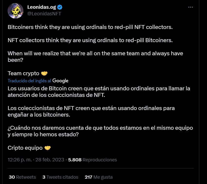 el coleccionista de NFT leonidas comparitó su opinión sobre el aporte de los NFT ordinals a la comunidad de bitcoin
