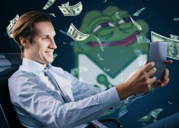 hombre feliz sosteniendo tablet con billetes de dolares cayendo en el fondo y logo de memetic