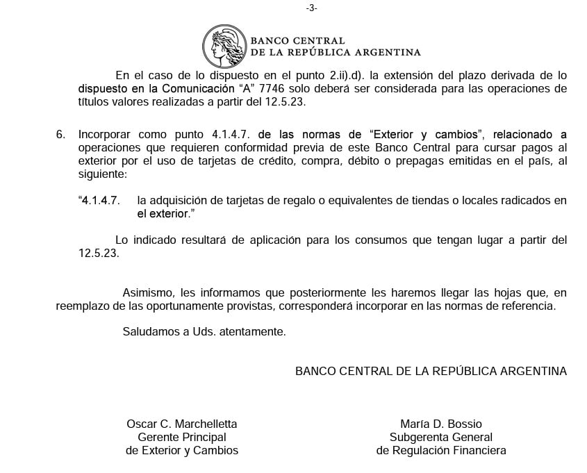 extracti del comunicado del banco central de Argentina sobre la gift cards