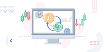 ilustración exchange de criptomonedas, bitcoin, tether, ethereum, usdc con grafico de velas de precio en el fondo