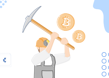 ilustracion de minero sostieniendo pico junto a monedas de bitcoin