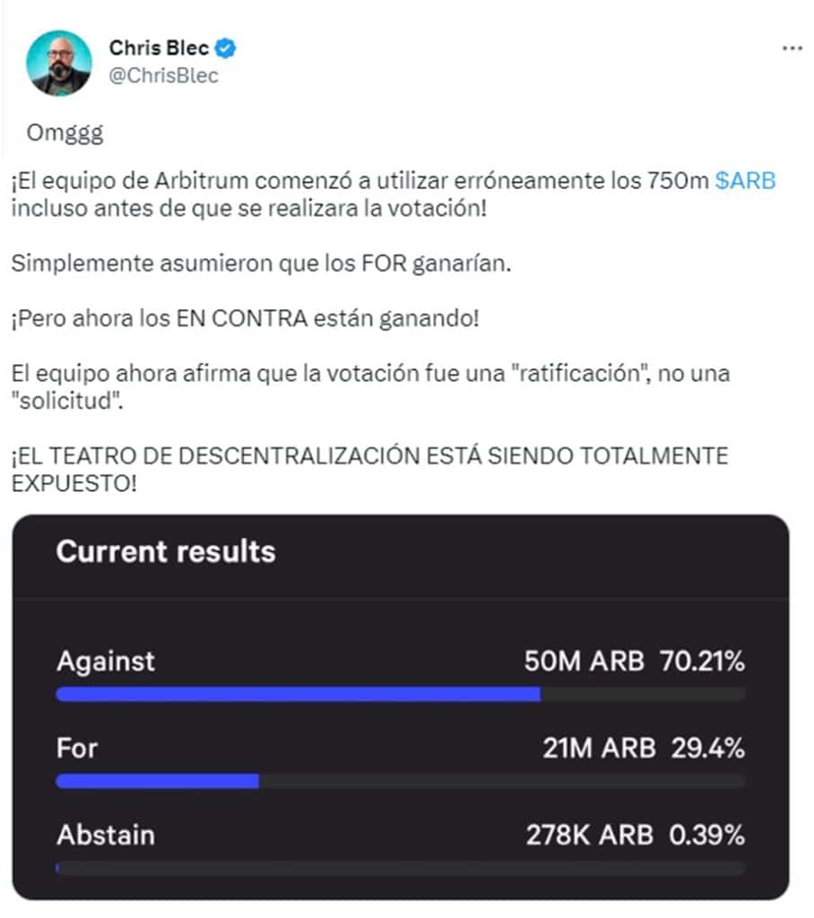 comentario de usuario de arbitrum sobre la votación descentralizada