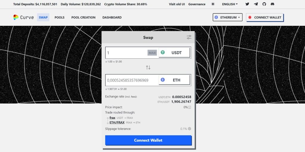 interfaz de Curve Finance para el swap entre usdt y ether