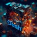 Bloque de bitcoin roto y logo de DASH.