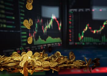 monedas de bitcoin con pantallas de exchanges en el fondo y reflejados sobre mesa de cristal