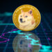 moneda de dogecoin sobre pantalla con grafico de precio reflejado