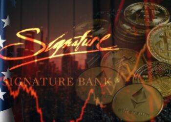 bandera de Estados Unidos sobre gráficos en rojo con logo de signature Bank sobre criptomonedas apiladas