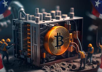 Bitcoin, mineros, bandera de Estados Unidos.