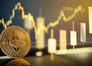 moneda de ethereum apoyada en pantalla con grafico de precio en el fondo