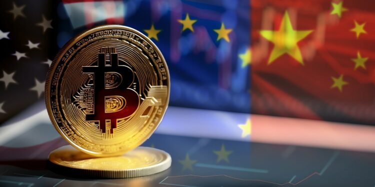moneda de bitcoin sobre grafico de mercado en pantalla con banderas de Estados Unidos, Europa y China en el fondo