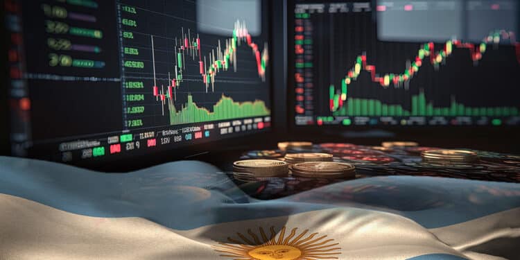bandera de Argentina cayendo con graficos de mercado de plataformas de trading y criptomonedas en el fondo