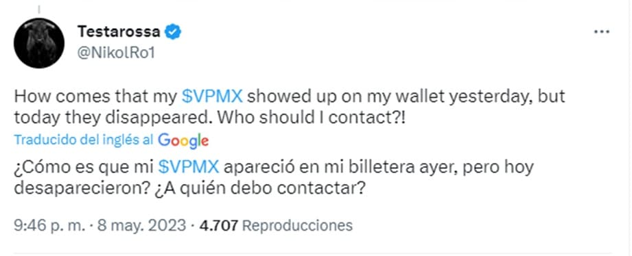 usuario de twitter comenta como desaparecieron sus tokens de sus monederos