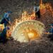 mineros extraen moneda de bitcoin de la tierra con grafico de precio alcista proyectado sobre la tierra