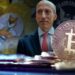 moneda de bitcoin con Gary Gensler junto a criptomonedas con logo de la SEC en el fondo