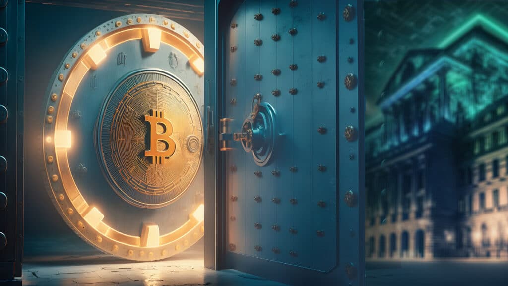 boveda de bitcoin detras de puerta abierta junto a fachada de banco
