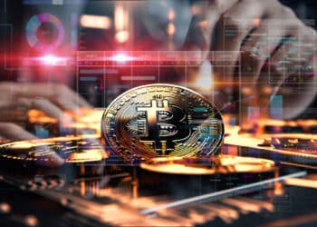 moneda de bitcoin con persona señalando indicadores en graficos y ojos brillantes en el fondo