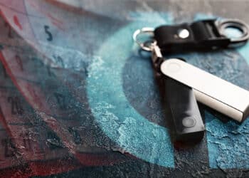 ledger wallet sobre superficie rugosa con simbolo de actualización con calendatrio pasando paginas reflejado al lado