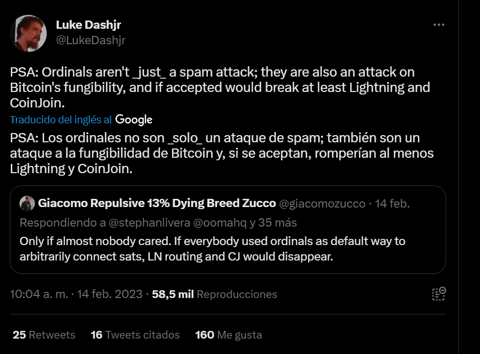 el desarrollador Luke Dashjr comentó sobre los nft ordinals